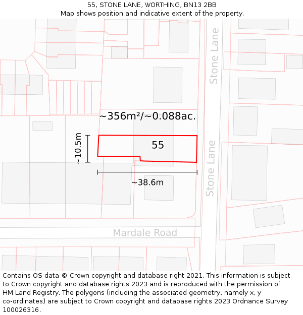 55, STONE LANE, WORTHING, BN13 2BB: Plot and title map