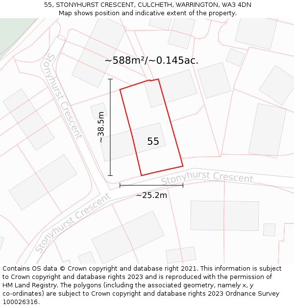 55, STONYHURST CRESCENT, CULCHETH, WARRINGTON, WA3 4DN: Plot and title map