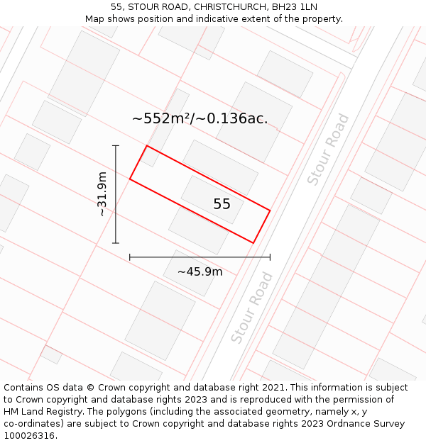 55, STOUR ROAD, CHRISTCHURCH, BH23 1LN: Plot and title map