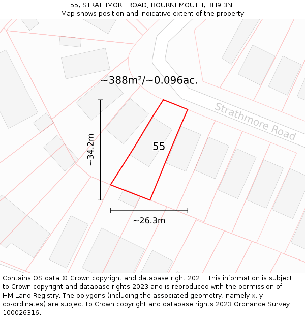 55, STRATHMORE ROAD, BOURNEMOUTH, BH9 3NT: Plot and title map