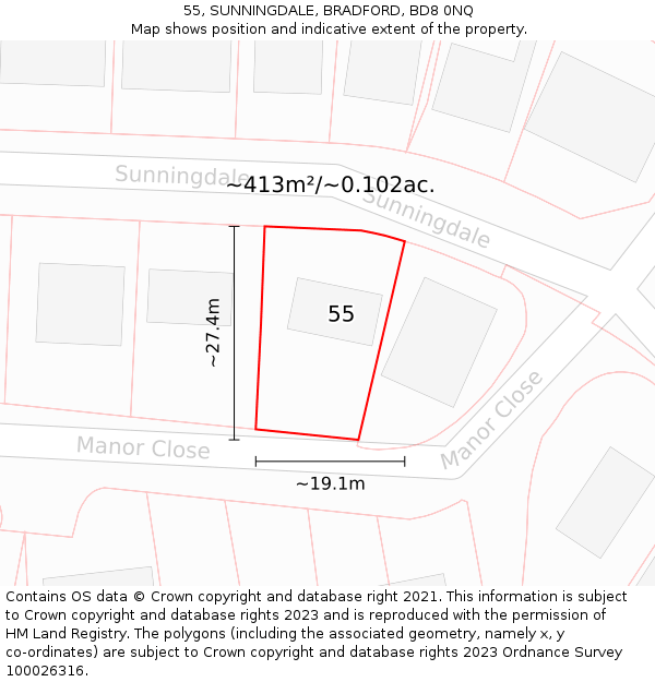55, SUNNINGDALE, BRADFORD, BD8 0NQ: Plot and title map