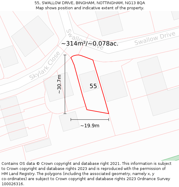 55, SWALLOW DRIVE, BINGHAM, NOTTINGHAM, NG13 8QA: Plot and title map