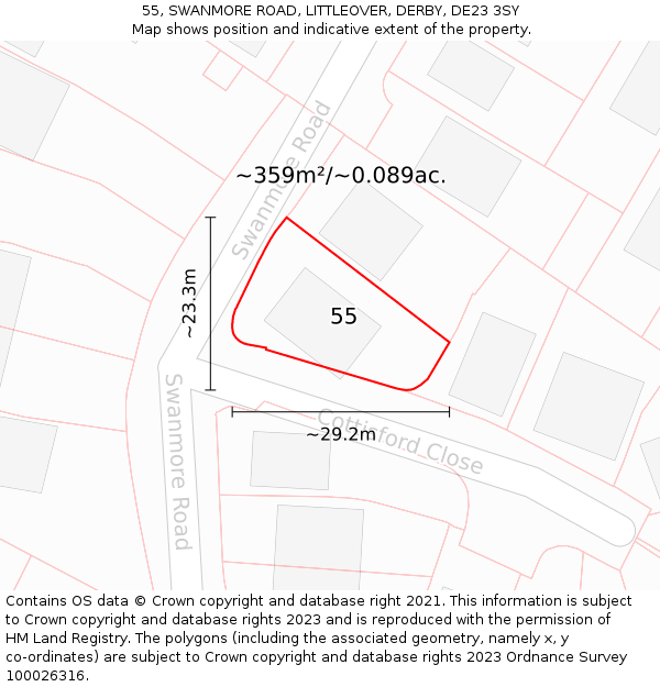 55, SWANMORE ROAD, LITTLEOVER, DERBY, DE23 3SY: Plot and title map