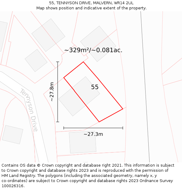 55, TENNYSON DRIVE, MALVERN, WR14 2UL: Plot and title map