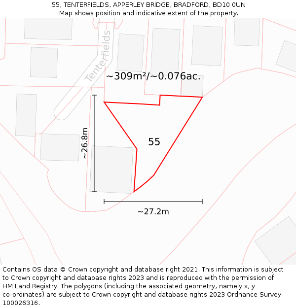 55, TENTERFIELDS, APPERLEY BRIDGE, BRADFORD, BD10 0UN: Plot and title map