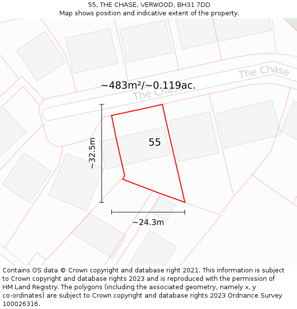 55, THE CHASE, VERWOOD, BH31 7DD: Plot and title map