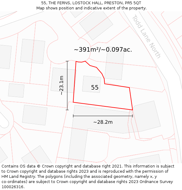 55, THE FERNS, LOSTOCK HALL, PRESTON, PR5 5QT: Plot and title map