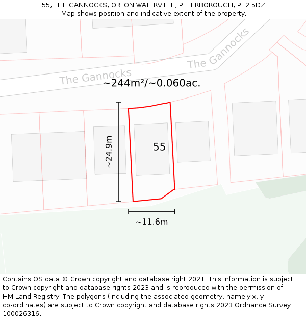 55, THE GANNOCKS, ORTON WATERVILLE, PETERBOROUGH, PE2 5DZ: Plot and title map