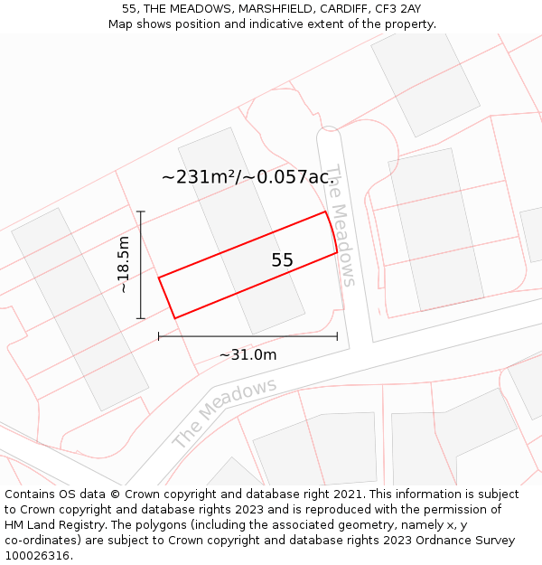 55, THE MEADOWS, MARSHFIELD, CARDIFF, CF3 2AY: Plot and title map