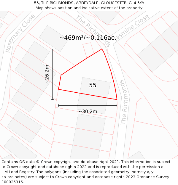 55, THE RICHMONDS, ABBEYDALE, GLOUCESTER, GL4 5YA: Plot and title map