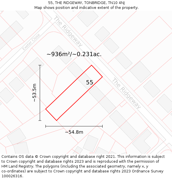 55, THE RIDGEWAY, TONBRIDGE, TN10 4NJ: Plot and title map