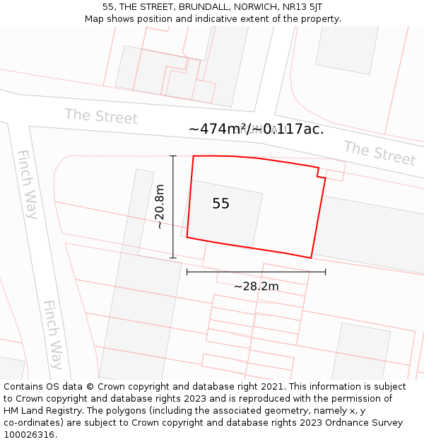 55, THE STREET, BRUNDALL, NORWICH, NR13 5JT: Plot and title map