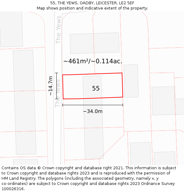 55, THE YEWS, OADBY, LEICESTER, LE2 5EF: Plot and title map