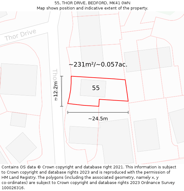 55, THOR DRIVE, BEDFORD, MK41 0WN: Plot and title map