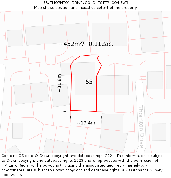 55, THORNTON DRIVE, COLCHESTER, CO4 5WB: Plot and title map