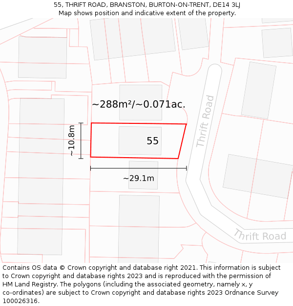 55, THRIFT ROAD, BRANSTON, BURTON-ON-TRENT, DE14 3LJ: Plot and title map