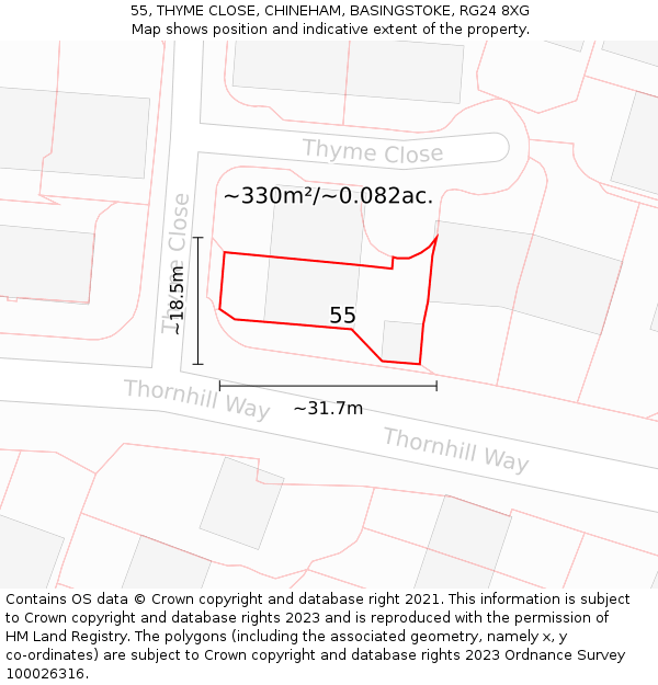 55, THYME CLOSE, CHINEHAM, BASINGSTOKE, RG24 8XG: Plot and title map