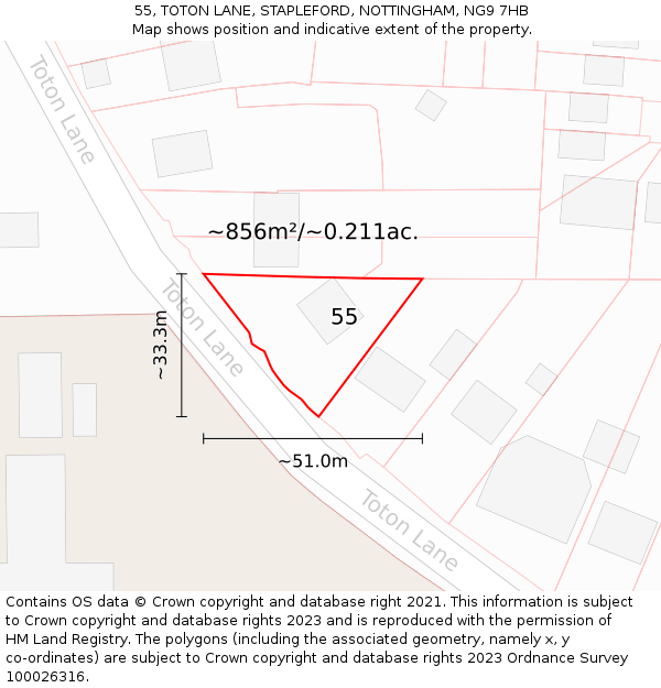 55, TOTON LANE, STAPLEFORD, NOTTINGHAM, NG9 7HB: Plot and title map