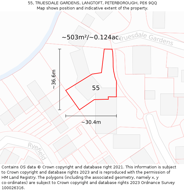 55, TRUESDALE GARDENS, LANGTOFT, PETERBOROUGH, PE6 9QQ: Plot and title map