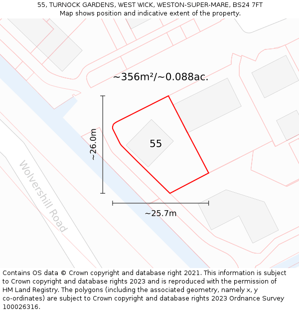 55, TURNOCK GARDENS, WEST WICK, WESTON-SUPER-MARE, BS24 7FT: Plot and title map