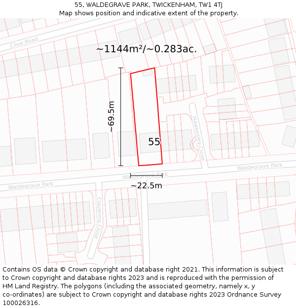 55, WALDEGRAVE PARK, TWICKENHAM, TW1 4TJ: Plot and title map