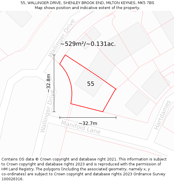55, WALLINGER DRIVE, SHENLEY BROOK END, MILTON KEYNES, MK5 7BS: Plot and title map