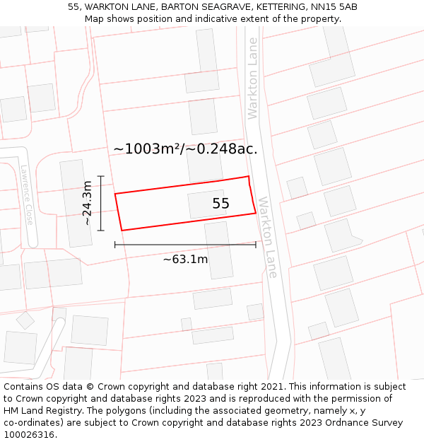 55, WARKTON LANE, BARTON SEAGRAVE, KETTERING, NN15 5AB: Plot and title map