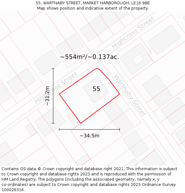 55, WARTNABY STREET, MARKET HARBOROUGH, LE16 9BE: Plot and title map