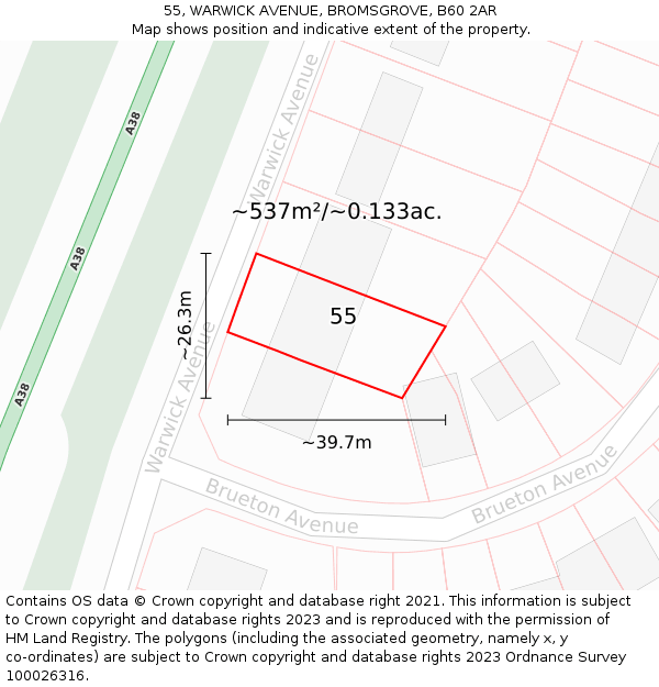 55, WARWICK AVENUE, BROMSGROVE, B60 2AR: Plot and title map