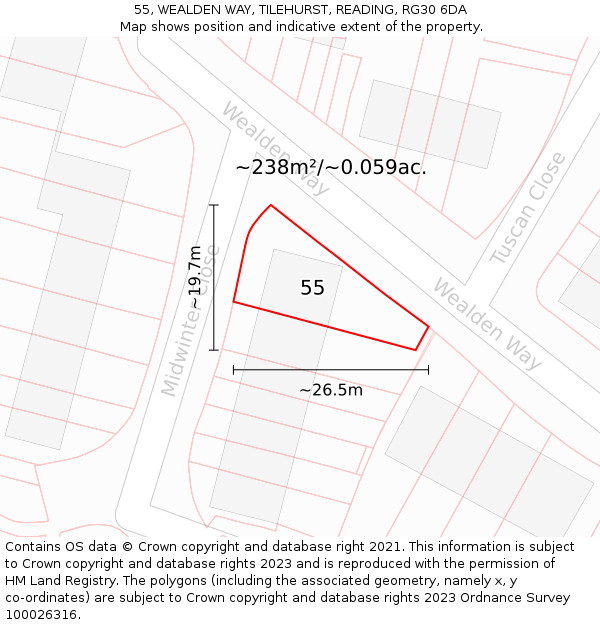 55, WEALDEN WAY, TILEHURST, READING, RG30 6DA: Plot and title map