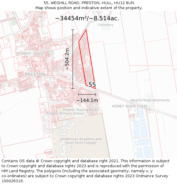 55, WEGHILL ROAD, PRESTON, HULL, HU12 8UN: Plot and title map