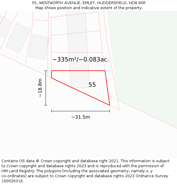 55, WENTWORTH AVENUE, EMLEY, HUDDERSFIELD, HD8 9XR: Plot and title map