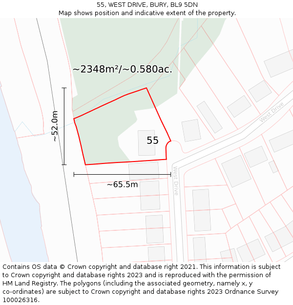 55, WEST DRIVE, BURY, BL9 5DN: Plot and title map