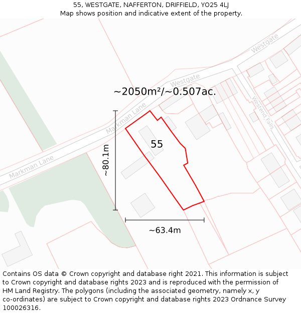 55, WESTGATE, NAFFERTON, DRIFFIELD, YO25 4LJ: Plot and title map