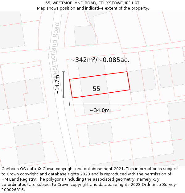 55, WESTMORLAND ROAD, FELIXSTOWE, IP11 9TJ: Plot and title map