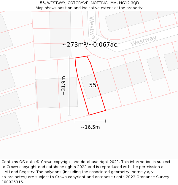 55, WESTWAY, COTGRAVE, NOTTINGHAM, NG12 3QB: Plot and title map