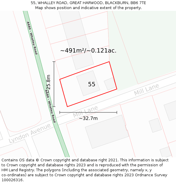 55, WHALLEY ROAD, GREAT HARWOOD, BLACKBURN, BB6 7TE: Plot and title map