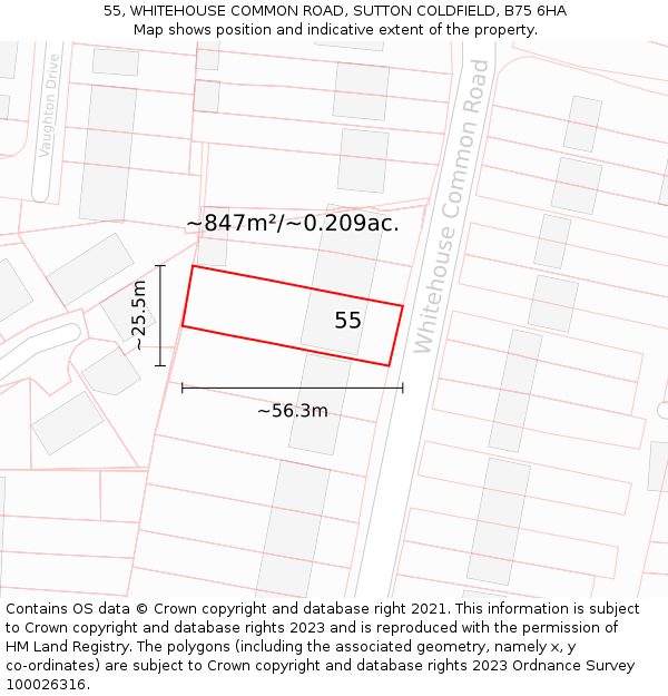 55, WHITEHOUSE COMMON ROAD, SUTTON COLDFIELD, B75 6HA: Plot and title map