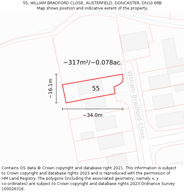 55, WILLIAM BRADFORD CLOSE, AUSTERFIELD, DONCASTER, DN10 6RB: Plot and title map