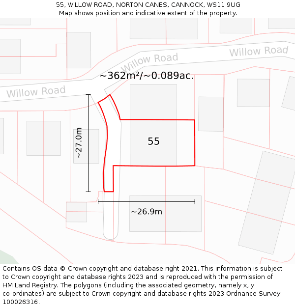 55, WILLOW ROAD, NORTON CANES, CANNOCK, WS11 9UG: Plot and title map