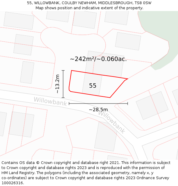 55, WILLOWBANK, COULBY NEWHAM, MIDDLESBROUGH, TS8 0SW: Plot and title map