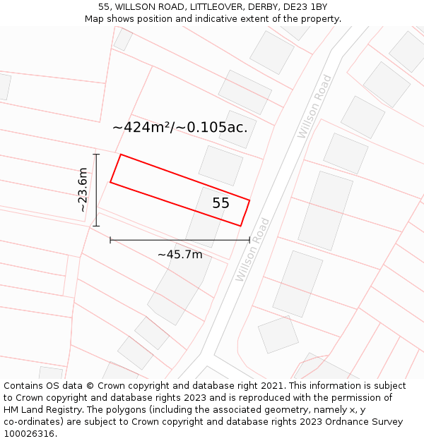 55, WILLSON ROAD, LITTLEOVER, DERBY, DE23 1BY: Plot and title map