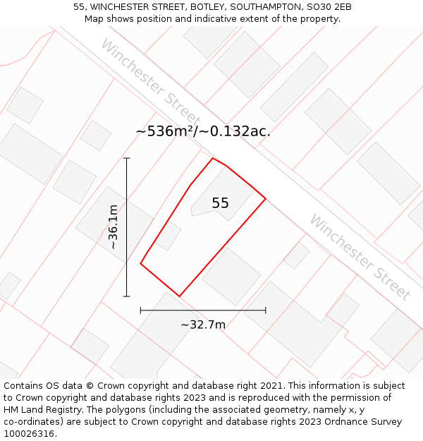 55, WINCHESTER STREET, BOTLEY, SOUTHAMPTON, SO30 2EB: Plot and title map