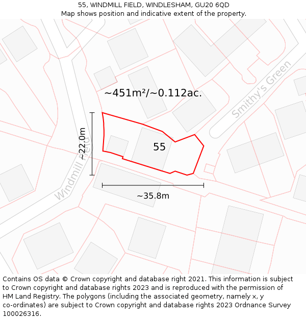 55, WINDMILL FIELD, WINDLESHAM, GU20 6QD: Plot and title map