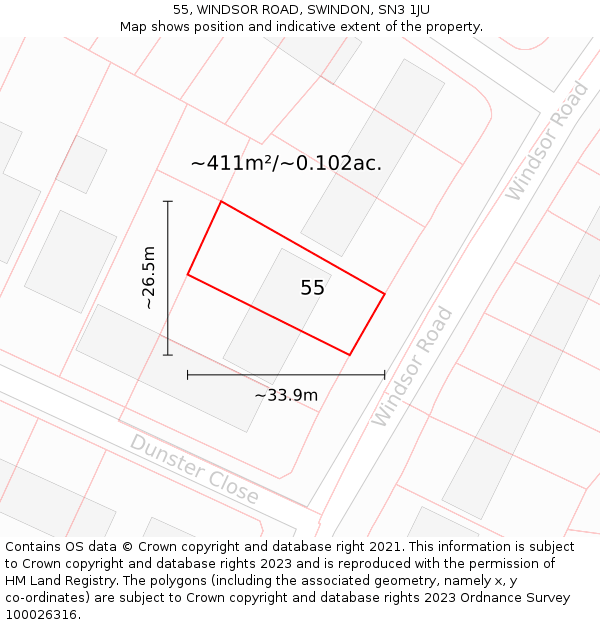 55, WINDSOR ROAD, SWINDON, SN3 1JU: Plot and title map