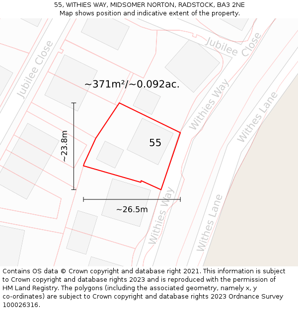55, WITHIES WAY, MIDSOMER NORTON, RADSTOCK, BA3 2NE: Plot and title map