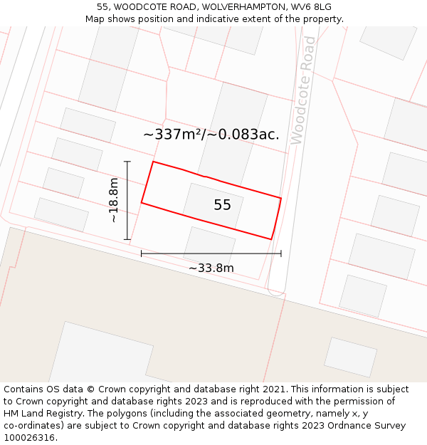 55, WOODCOTE ROAD, WOLVERHAMPTON, WV6 8LG: Plot and title map