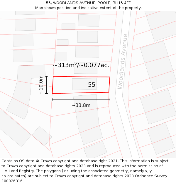 55, WOODLANDS AVENUE, POOLE, BH15 4EF: Plot and title map