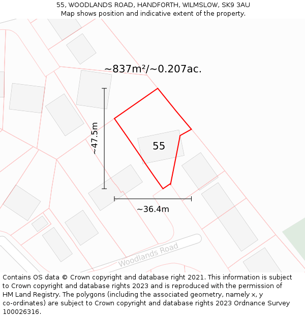 55, WOODLANDS ROAD, HANDFORTH, WILMSLOW, SK9 3AU: Plot and title map