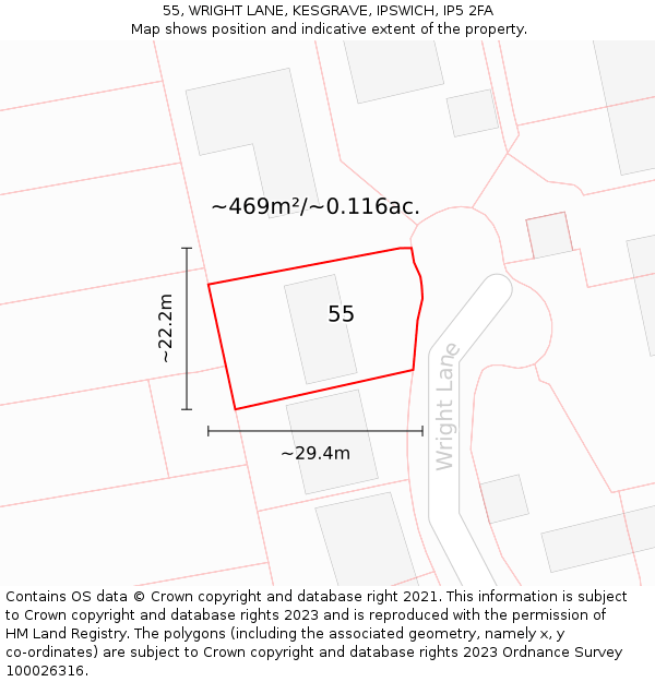 55, WRIGHT LANE, KESGRAVE, IPSWICH, IP5 2FA: Plot and title map